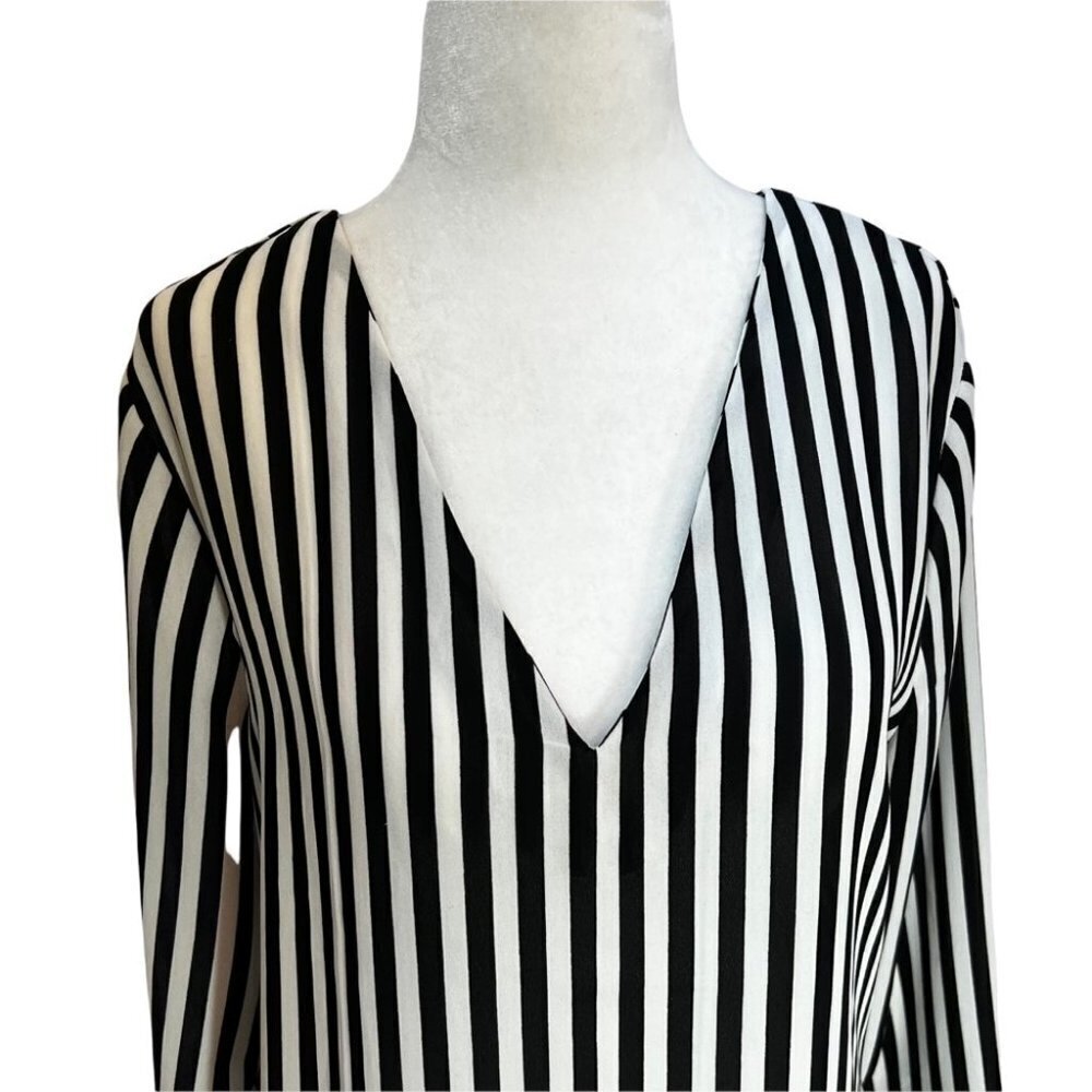 TRICOT Black/White Striped V-Neck Long Sleeve Blouse Top Size M - Picture 4 of 9